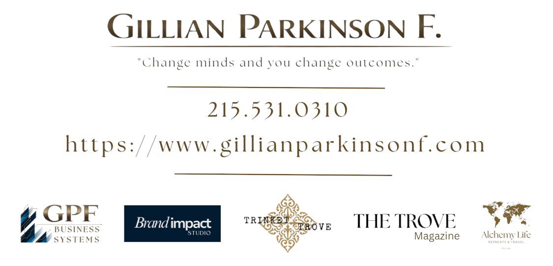Gillian Parkinson F. brand architecture lockup showing GPF Business Systems, Brand Impact Studio, Trinket Trove, The Trove Magazine, and Alchemy Life Retreats and Travel