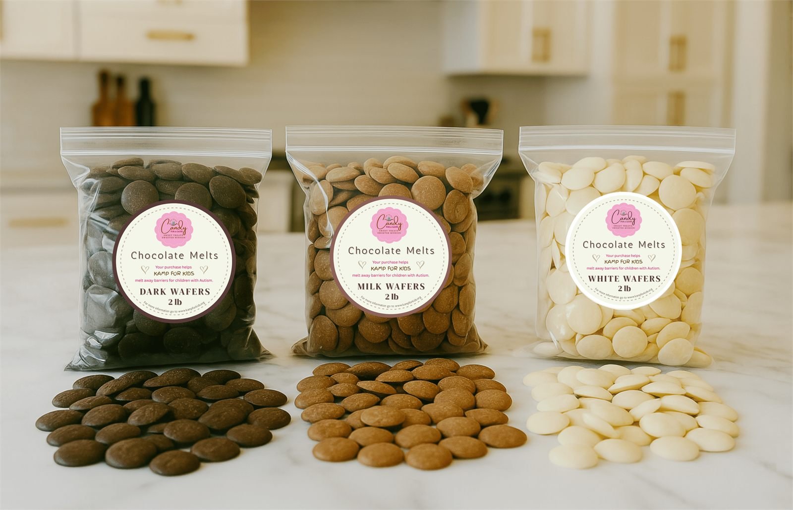 Candy For A Cause — milk, dark and white chocolate melts in labelled resealable bags