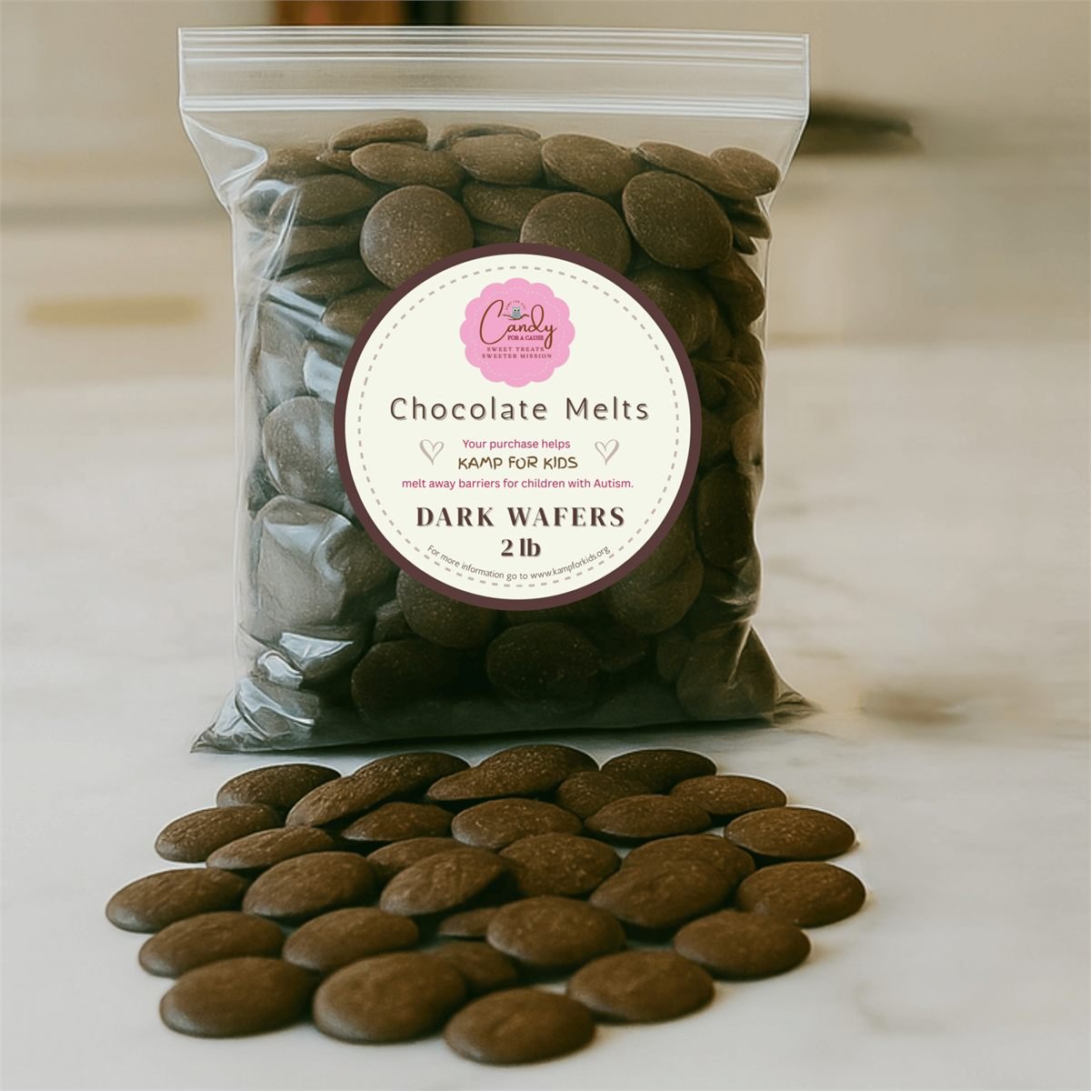 Dark chocolate melts, label on product