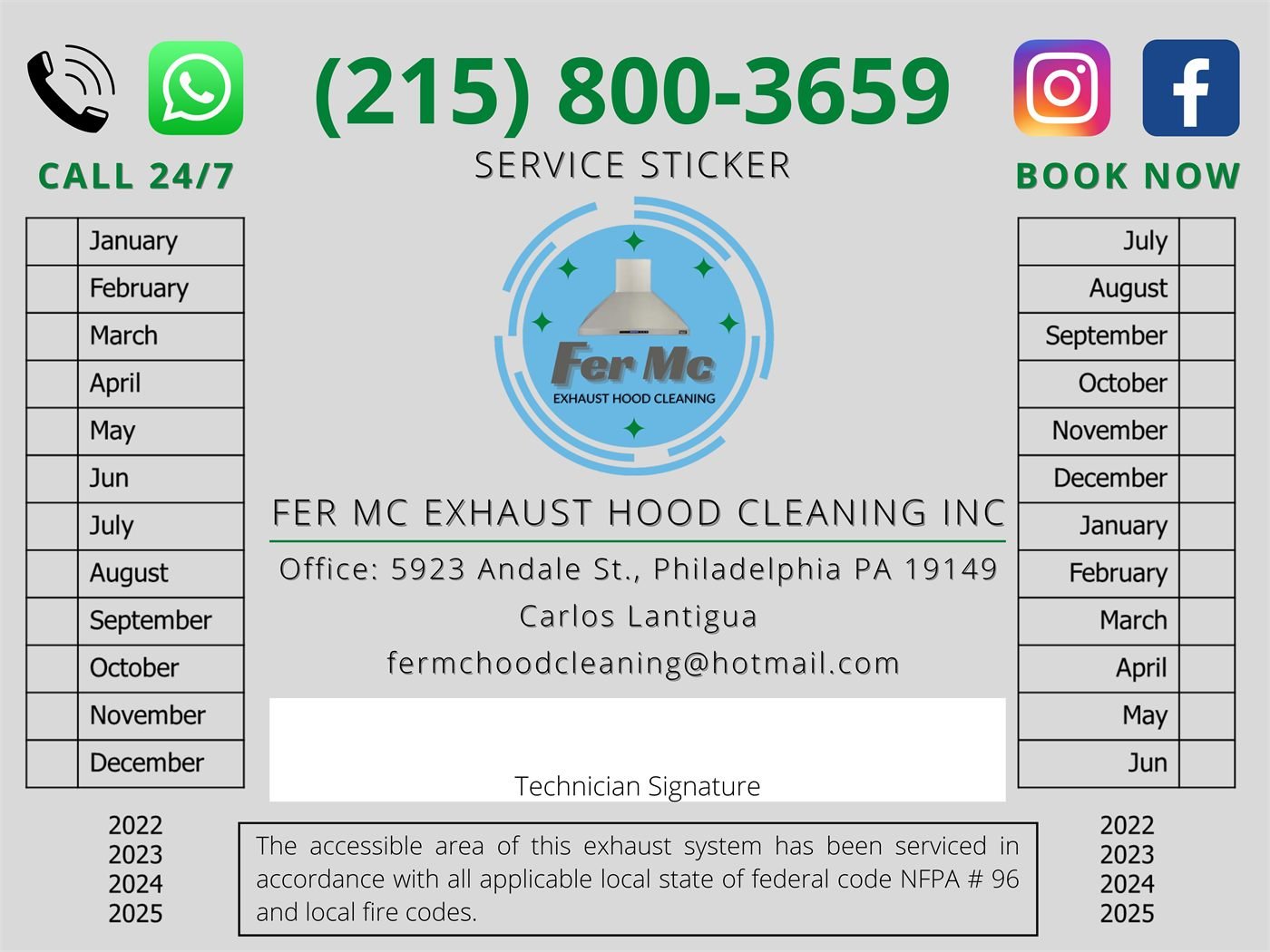 Fer Mc Exhaust Hood Cleaning & VIP Renovation — Service sticker, NFPA-96 record
