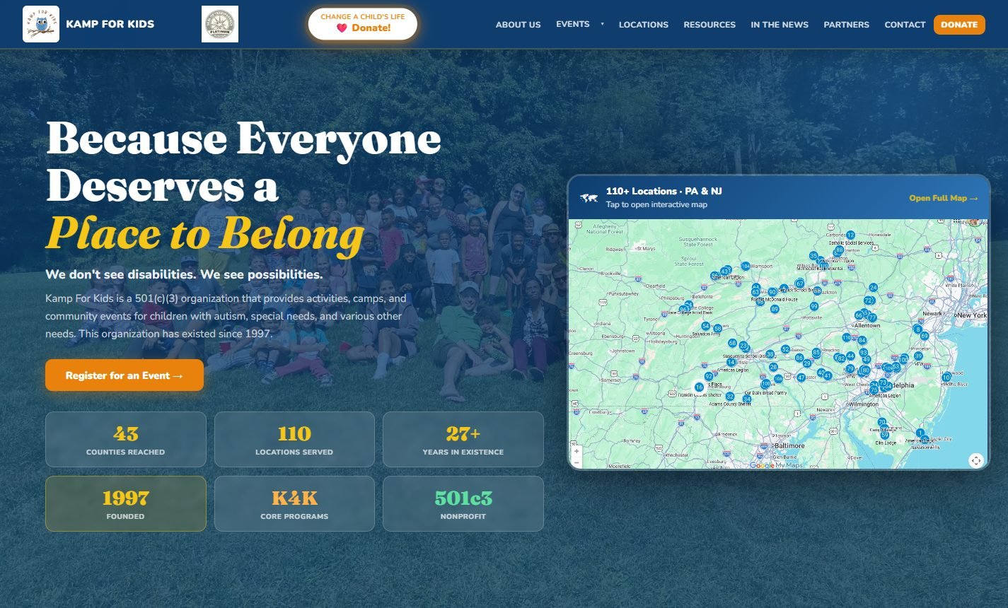 Kamp for Kids homepage — Because Everyone Deserves a Place to Belong, with the interactive PA and NJ locations map