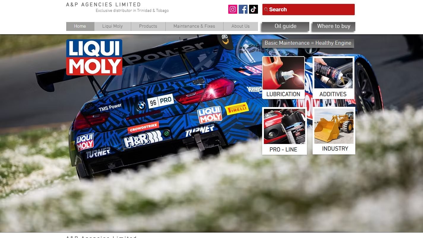 Liqui Moly Trinidad and Tobago website — A&P Agencies Limited, exclusive distributor, with the Liqui Moly race livery hero and product category tiles