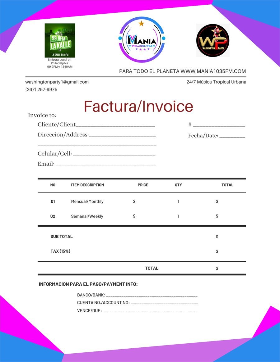 Manía Radio 103.5 FM — Bilingual invoice template