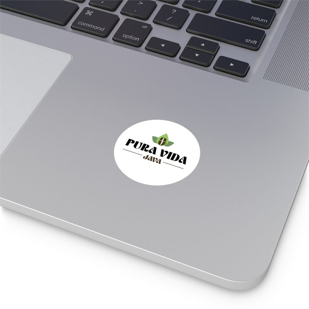 Pura Vida Java round sticker on a laptop